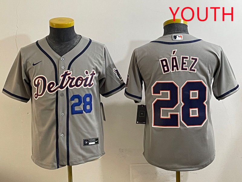 Youth 2025 Detroit Tigers #28 Baez grey Nike MLB jersey style 8->youth mlb jersey->Youth Jersey